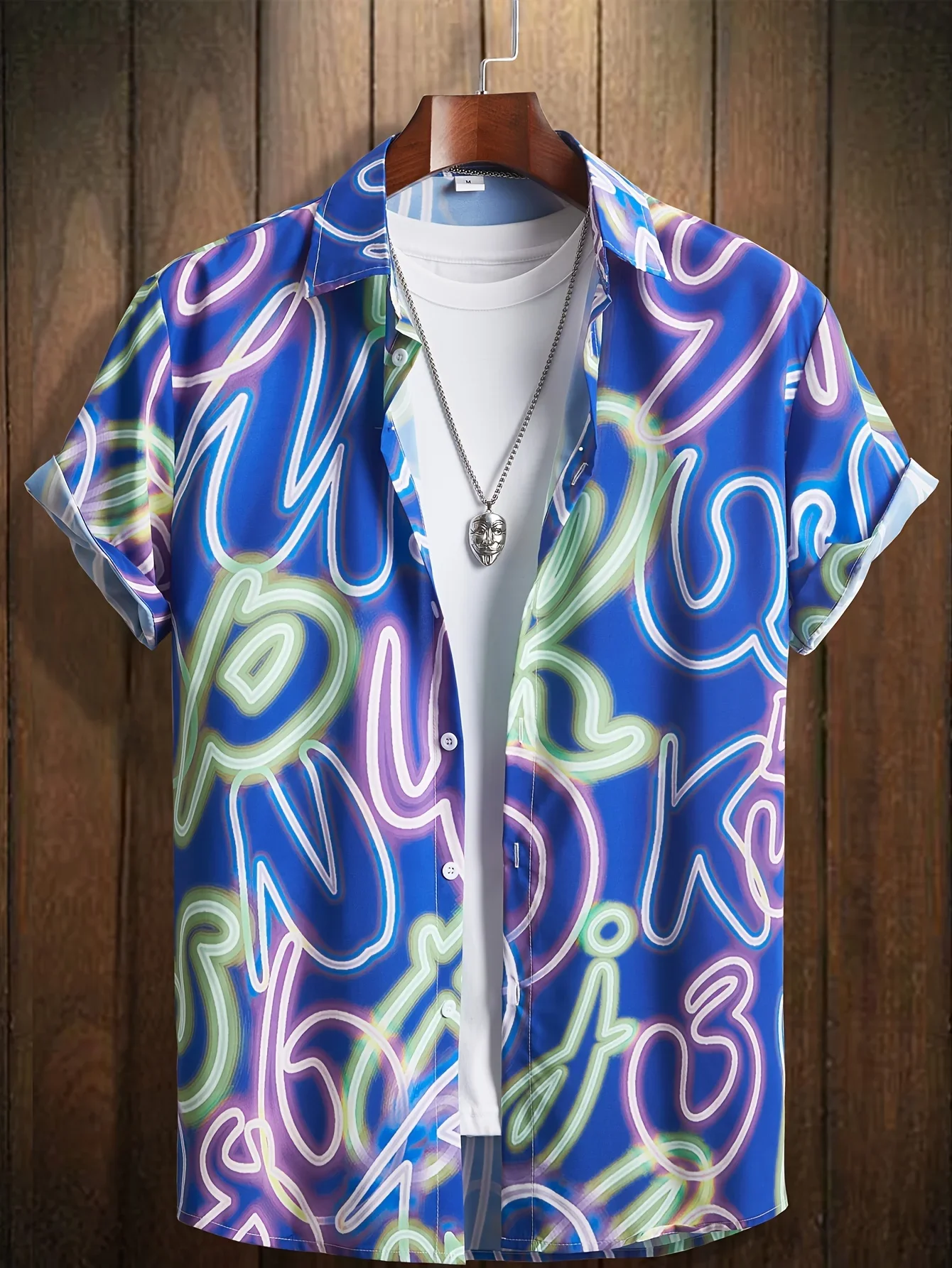 Men\'s Neon Style Print Lapels Button Up Casual Short Sleeve Shirts Men\'s Clothing for Summer Hawaii Shirt Men\'s Streetwear