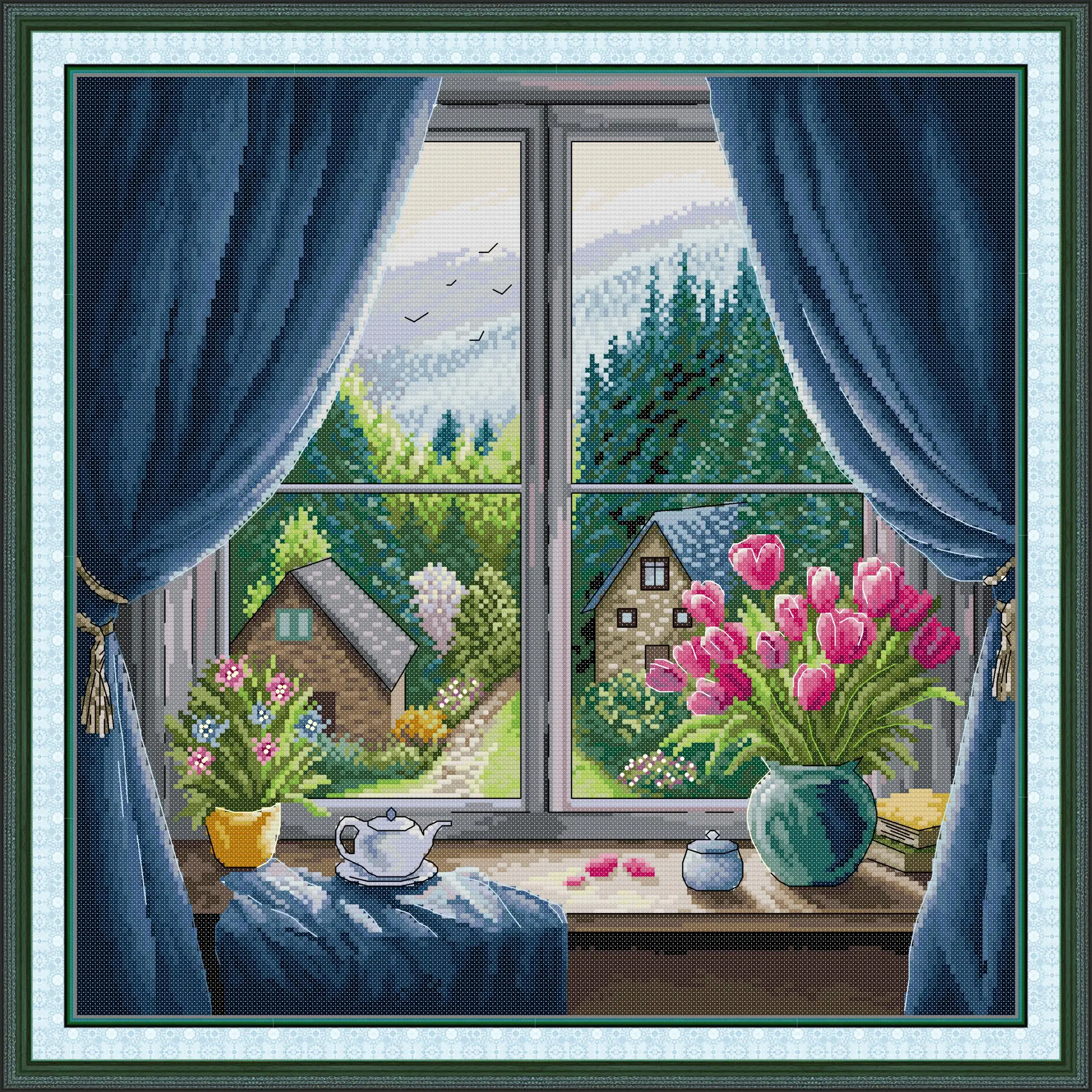 

Joy Sunday Pre-printed Cross Stitch Kit Easy Pattern Aida Stamped Fabric Embroidery Set-Tulip Window Sill