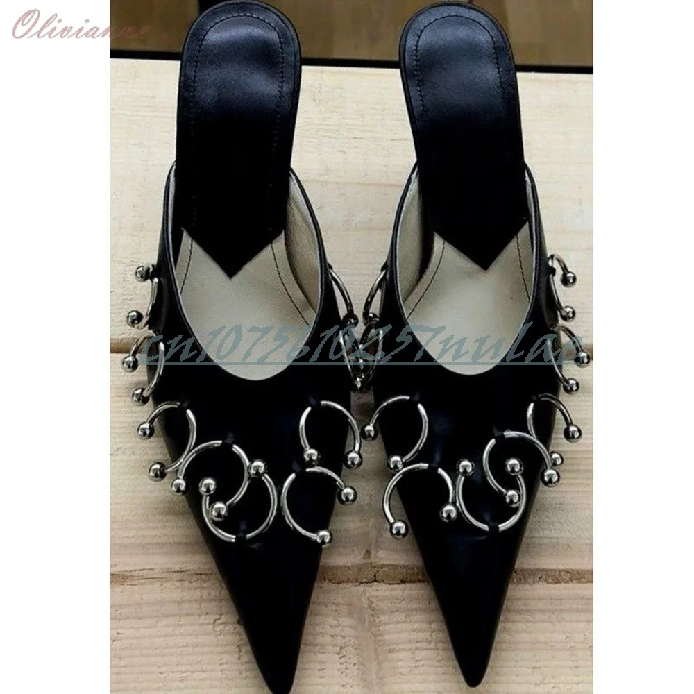 

Black Sexy Metal Round Rings Decor Slippers Pointy Matte Leather Creative Design Stiletto High Heel Women Shoes 2025 Para Mujere