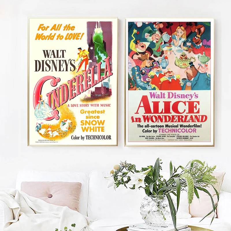 Cinderella Print 50s American Animated Musical Fantasy Film Poster, Alice in Wonderland Vintage Movie Poster Canvas Paintings