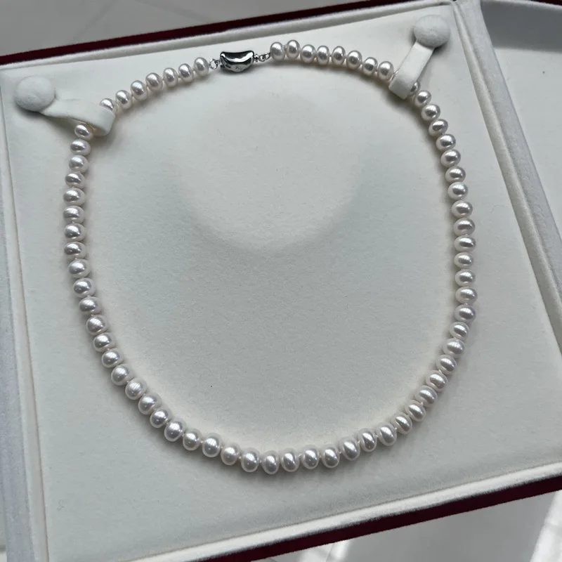 

Pearl Necklace 7-8mm Oval Shape Natural Freshwater Pearl S925 Silver Clasp Elegant Women's Jewelry