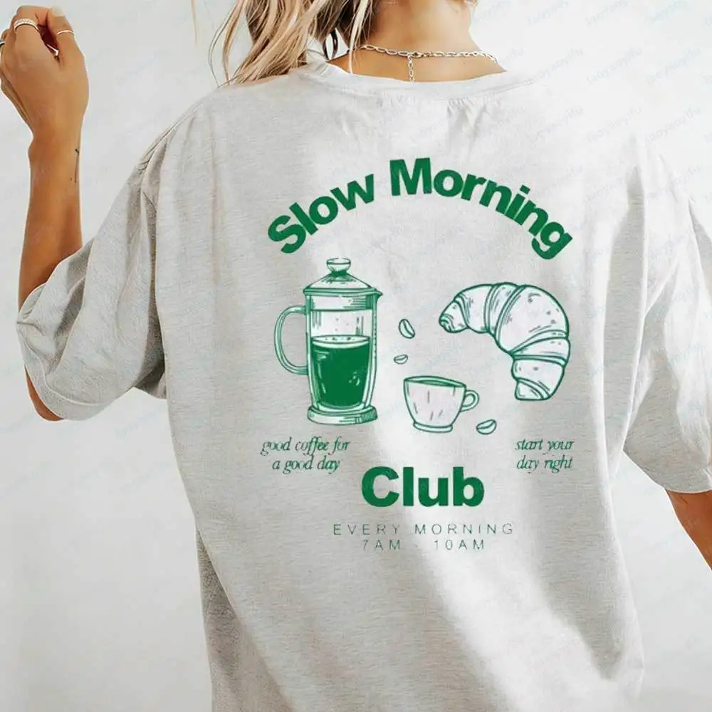Retro Slow Morning Club Women's T-Shirt Coffee Croissant Good Morning Graphic Casual Cotton Fit Top Shirt Gift for Coffee Lovers