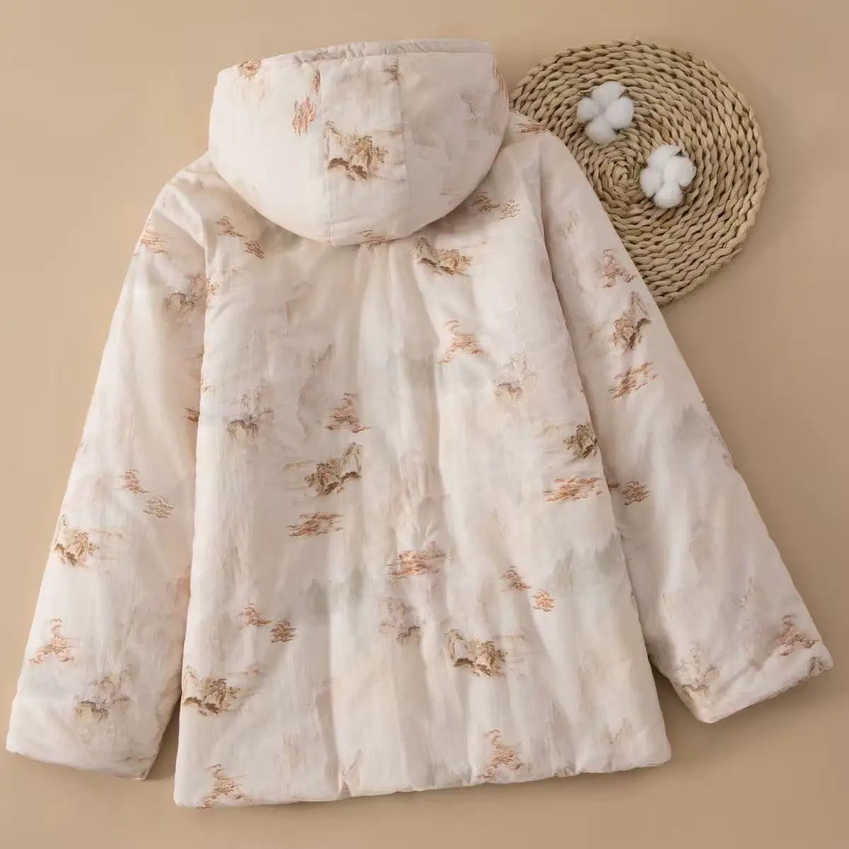New Chinese Style Pure Cotton Hooded Coat Men 's Traditional Chinese Floral Printing Tops with Hat Vintage Button