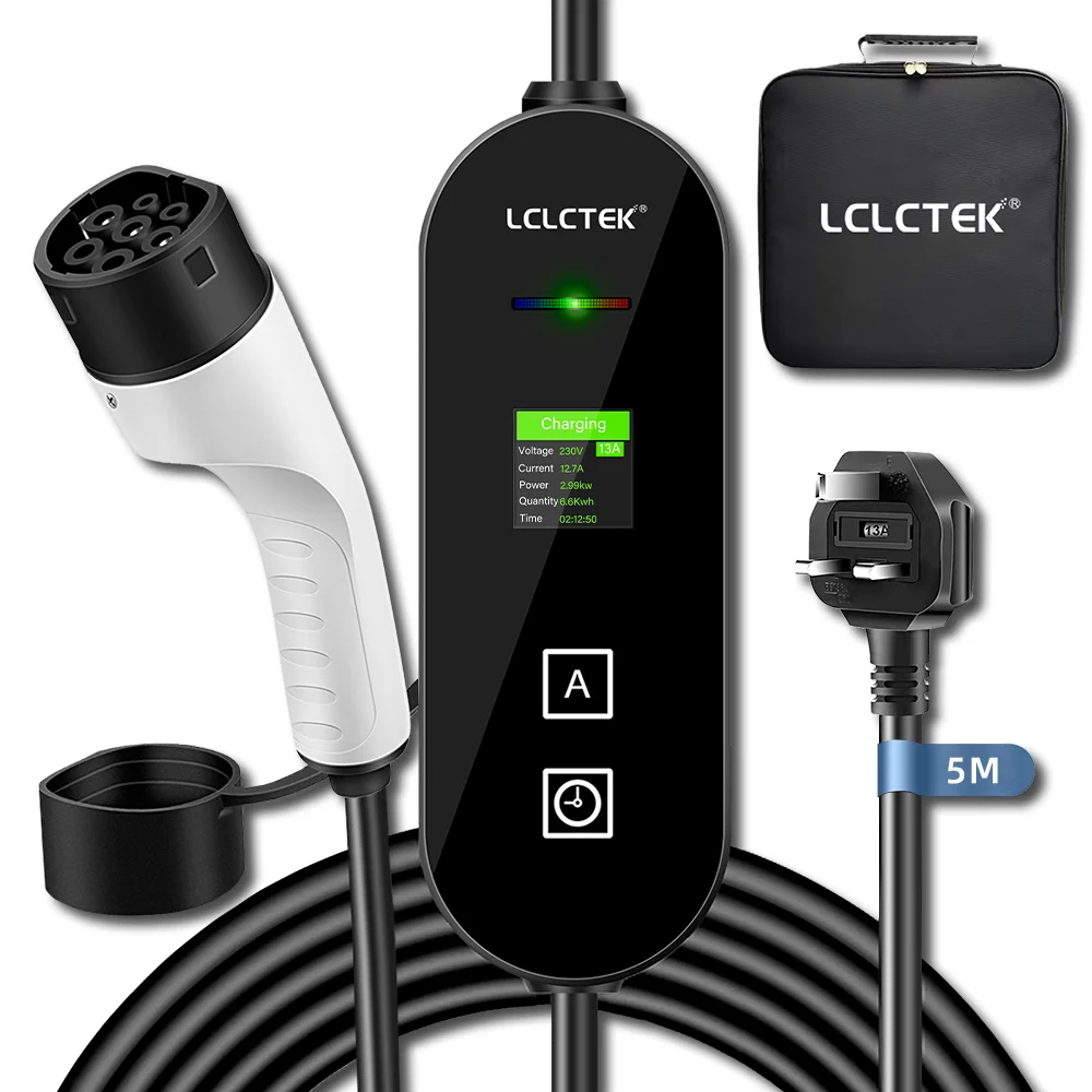 

LCLCTEK AC Portable UK Plug EV Charger 6-13A 2.99KW Type 2 with Control Box Colorful LCD Display Electric Vehicle Car Charger