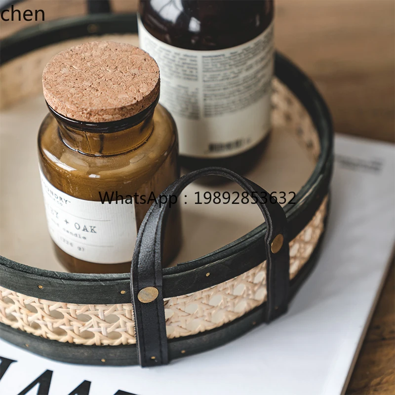 

Tray with Leather Handle Round Perfume Aromatherapy Tray Fruit Tray Storage Basket