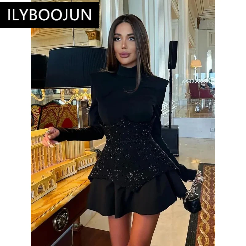 Evening Party Dresses For Women 2024 Sexy Ins Long Sleeve Black Pleated Dress High Street Glitter Celebrity Office Lady