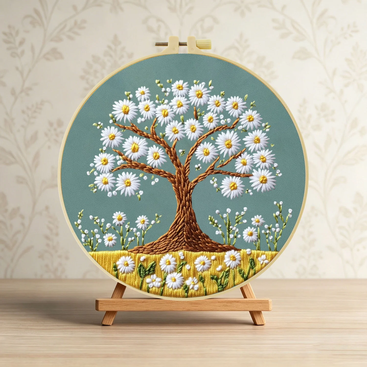 Weißer Gänseblümchenbaum 1 Stück DIY Stickerei-Material-Set für Anfänger Stickerei-Starter-Kit Kreuzstich-Kunst als Geschenk Nadelarbeiten Handwerk – Detail 4