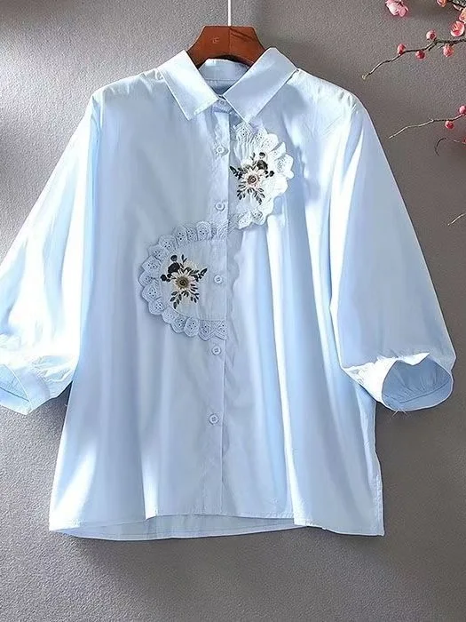 

New Summer Cotton Shirt Women's Loose Fit Lace Embroidery Pure Cotton Seven Sleeve Bell Sleeve Style Versatile Slimming Top