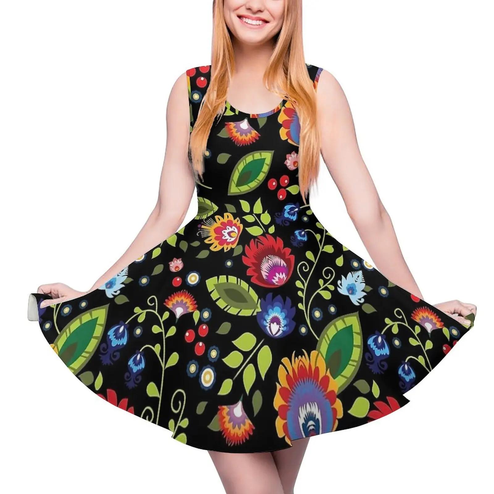 Vestido con estampado Floral de arte popular, Vestidos modernos sin mangas, ropa de calle, vestido de Skate, Vestidos personalizados para mujer, Idea de regalo