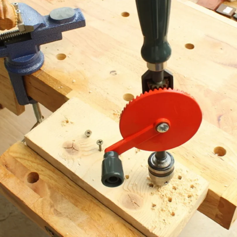 1/4 and 3/8 Inch Multi-function Hand Crank Manual Drilling Wood-plastic Double Gear Wood Puncher Clamping Woodworking Tools Set