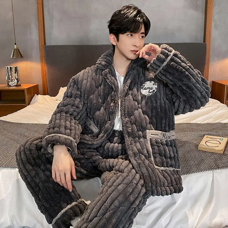 Winter Extra Thick and Extra Thick Warm Coral Velvet Three Layer Cotton Lapel Flannel Home Suit Set Teenagers Pajamas for Men