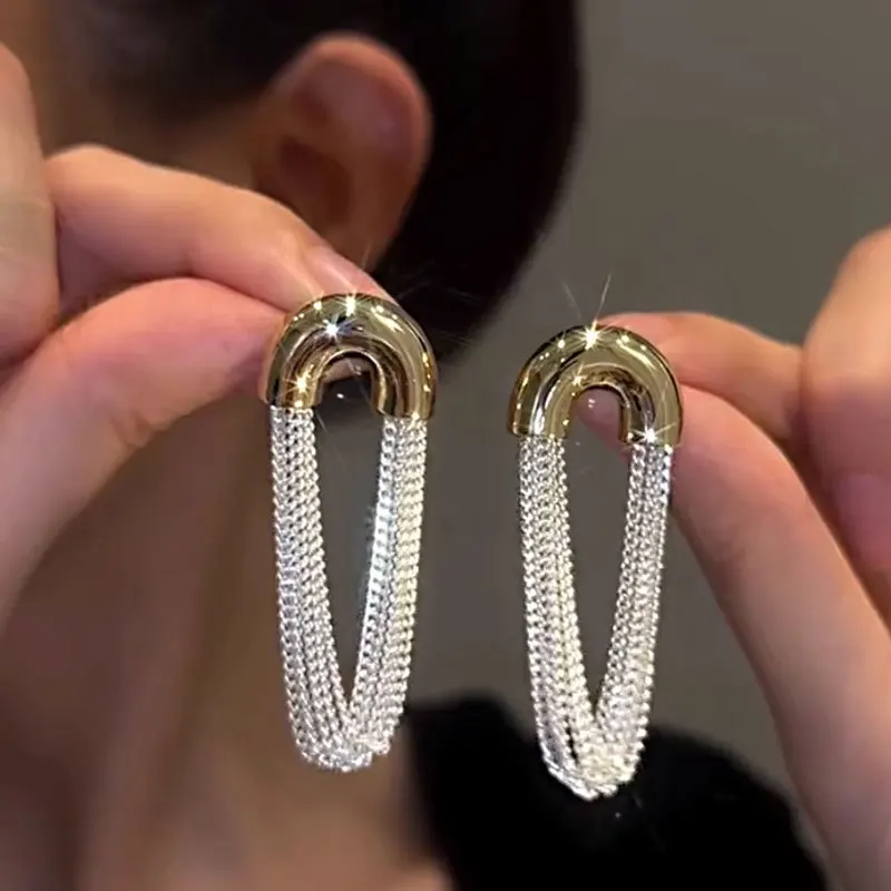 

Fashion Metal U Shape Tassel Chain Earrings For Women Elegant Silver Color Multi Layer Geometric Personality Earrings Jewelry