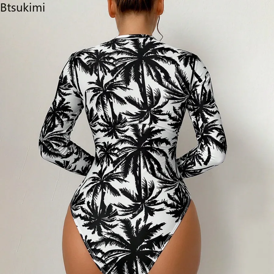 Summer Women Sexy Printing One-piece Swimsuit Long Sleeved Surfing Zipper Sportswear Slim Fit Beach Casual Comfortable Swimsuit