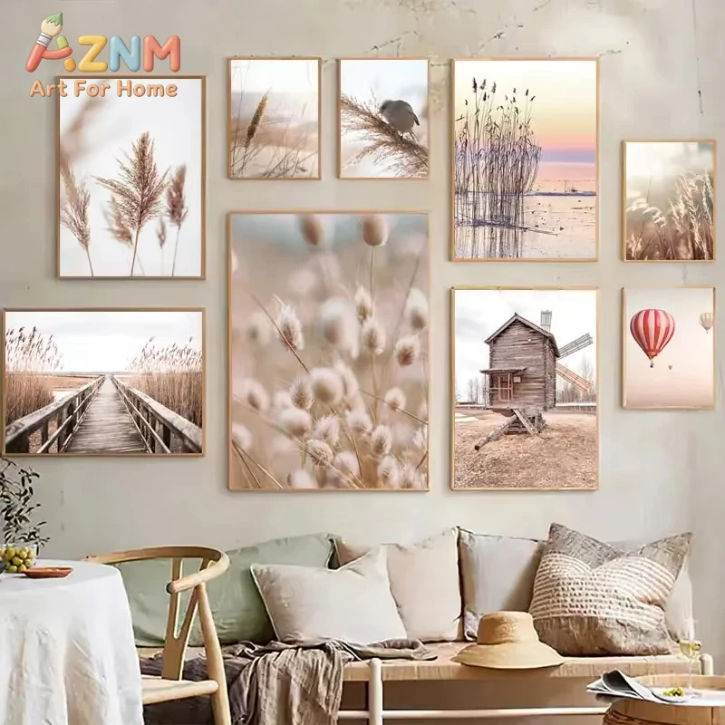 Póster Decorativo de Pared con Paisaje Beige, Imagen de Bicicleta, Globo Aerostático, Orquídea y Diente de León, Impresión Nórdica en Lienzo para Decoración del Hogar