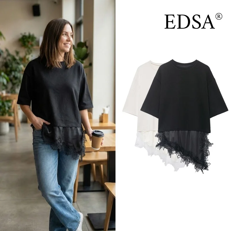 EDSA المرأة الساتان الدانتيل المرقعة تي شيرت نمط فستان قصير قصير الأكمام س الرقبة الصيف بلون Y2K الشارع الشهير #1