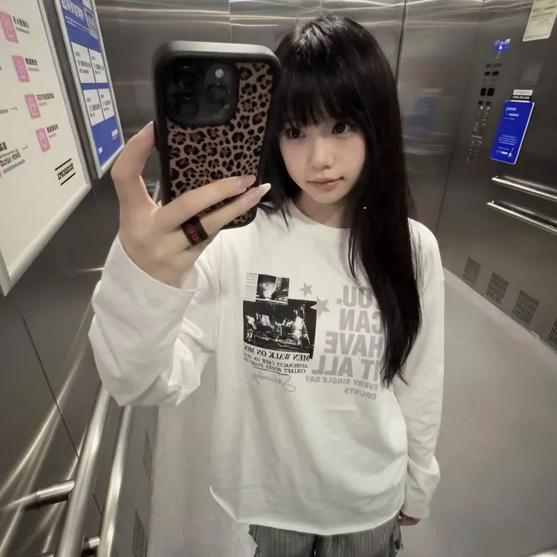 American Letter Printed Cool Black Women's Long Sleeved Base Shirt 2026 Autumn Fashion Loose Casual Top Casual Oversize Clothing