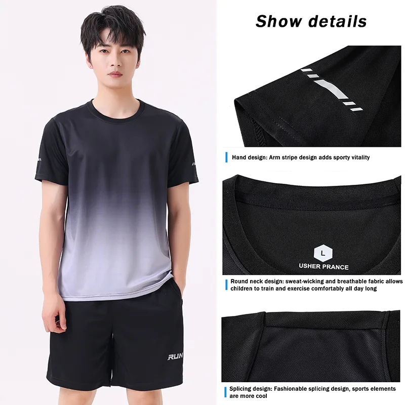 Fitness Clothes Ice Silk Quick Drying T-shirt Suit Men Short Sleeve Running Sportswear Shorts Tracksuit Gym Sports Training Sets