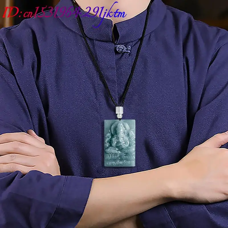 Blue Burmese Jadeite Ganesha Pendant Necklace Natural Burmese Jade Luxury Talismans Charm Amulet Gifts for Women Men 4
