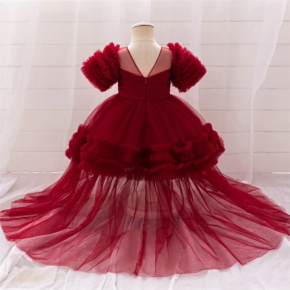 Cute Girls Vintage Red Trailing Tutu Dress Toddler Girl 1st Birthday Baptism Party Dresses Baby Lace Fashion Evening Prom Gown