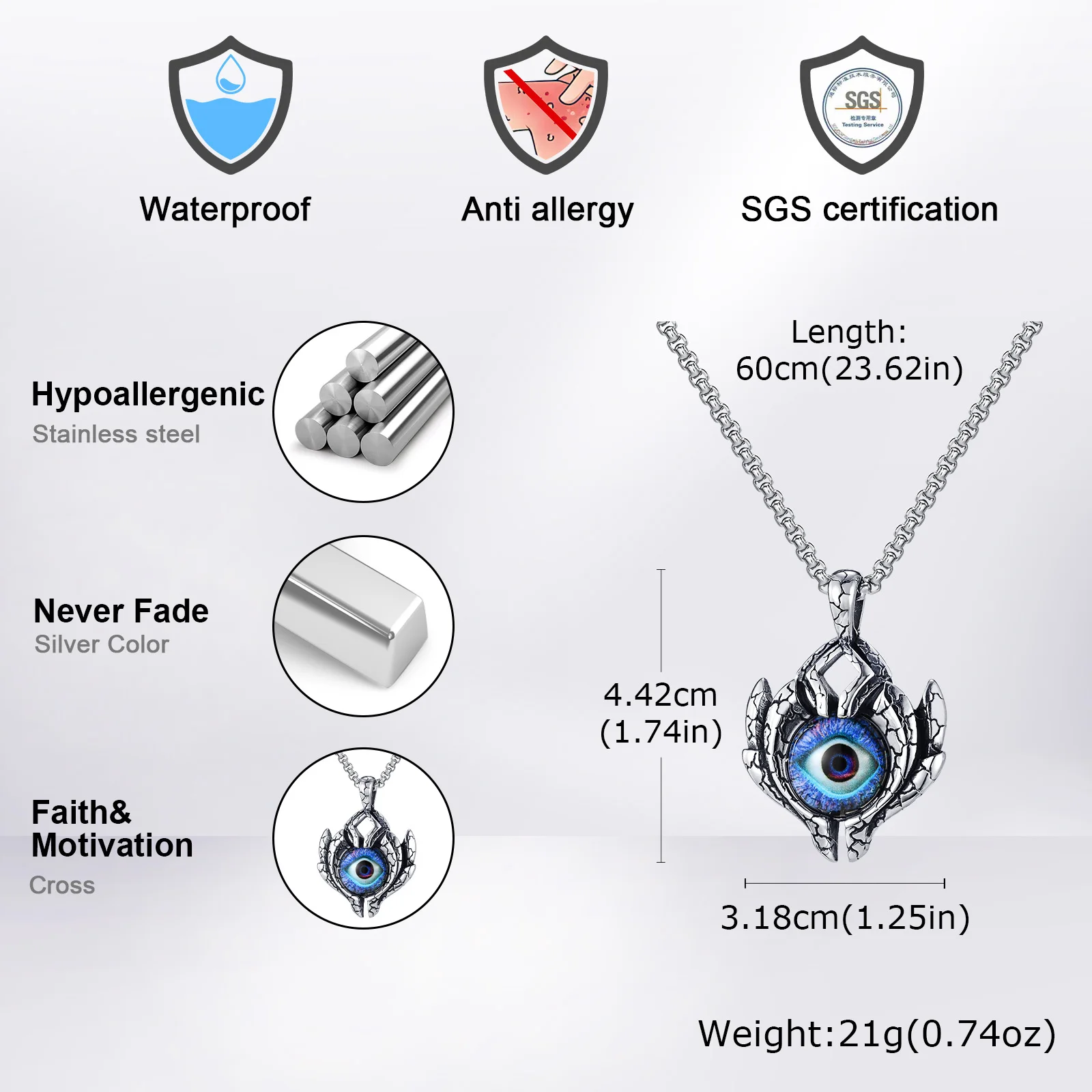 قلادة Vnox Big Evil Eye Pendant، شارة مكتنزة من الفولاذ المقاوم للصدأ مع قلادة عين تركية، إكسسوار رجالي فاسق