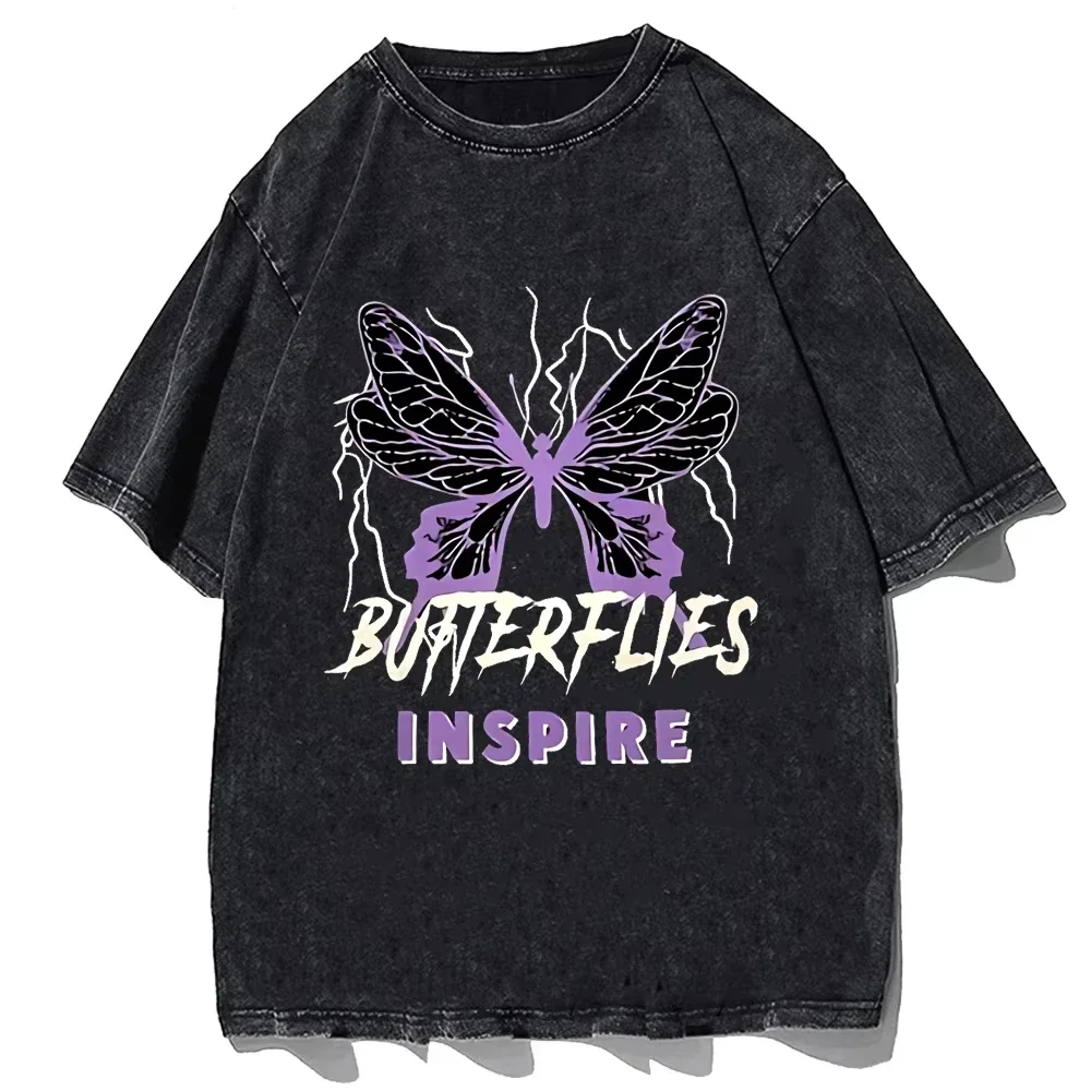 

2025 Spring butterfly print T-shirt cartoon streetwear 100_ pure cotton retro hip-hop casual summer short-sleeved top neutral