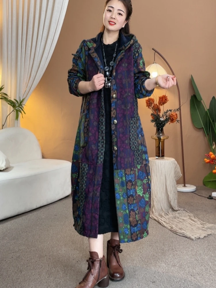 Vintage Floral Print Long Cotton Coat Women Autumn Winter Fur Lined Trench Coat Single-breasted Parkas Warm Loose Outerwear Chic