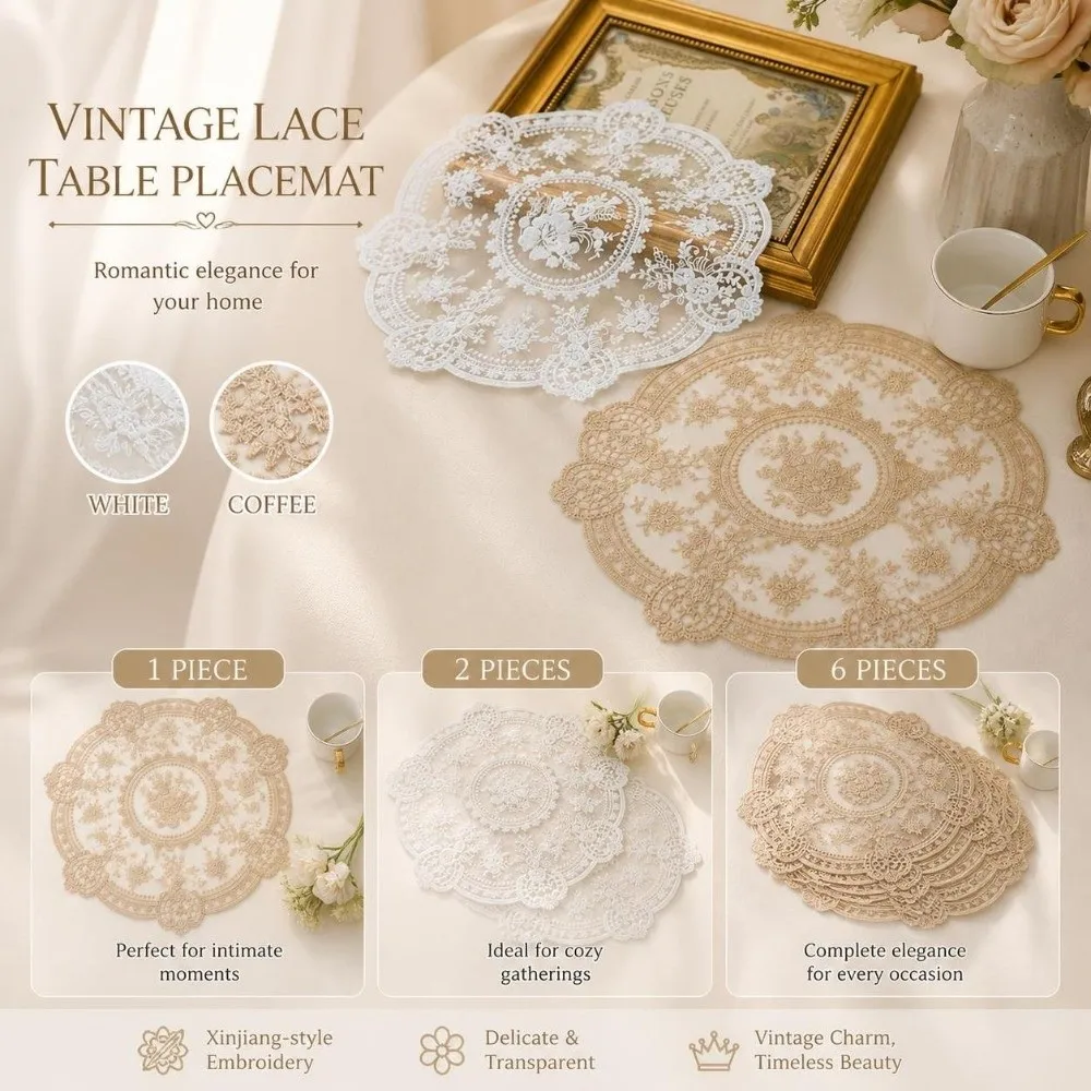 1/2/6pcs Embroidered Lace Tablemats Round Decorative Handmade Lace Table Mats Flower Embroidery Napkin Placemat