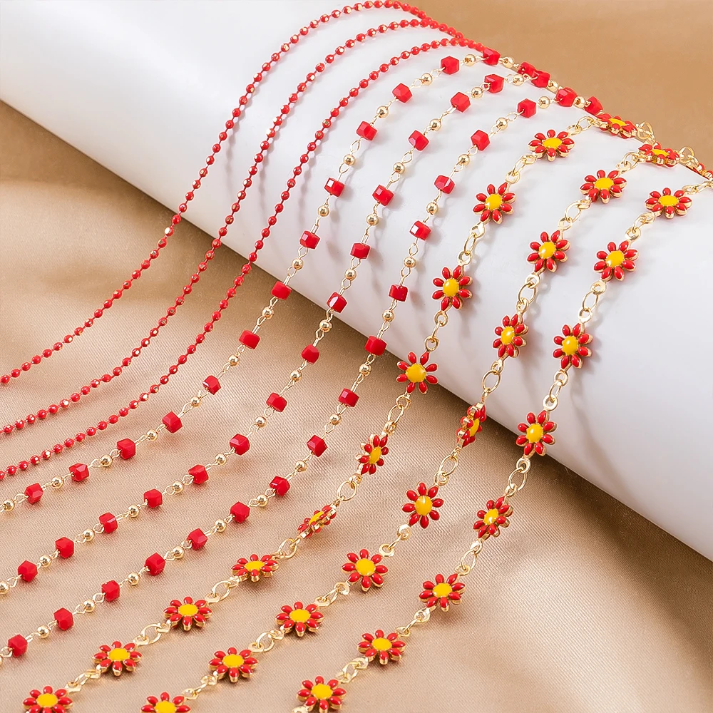 

1Meter Red Color Enamel Daisy Flower Chains Bead Chains Square Bead Chains Copper Chains for DIY Necklace Jewelry Making Crafts