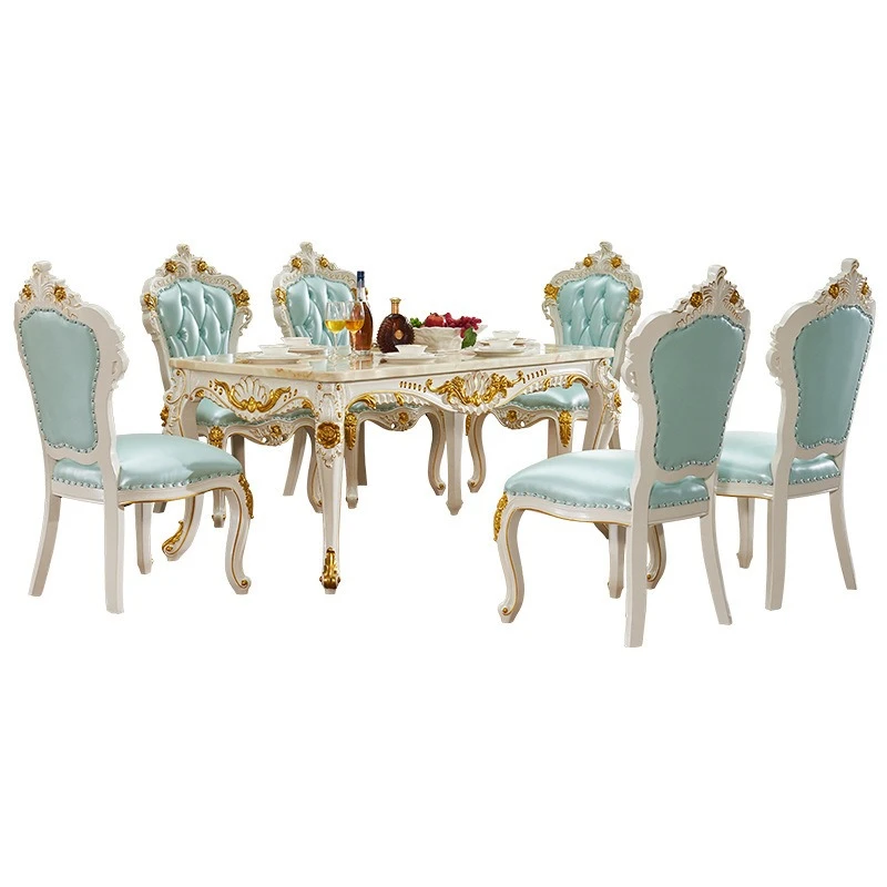 European long table Solid wood leather chair Marble surface Long dining table Household