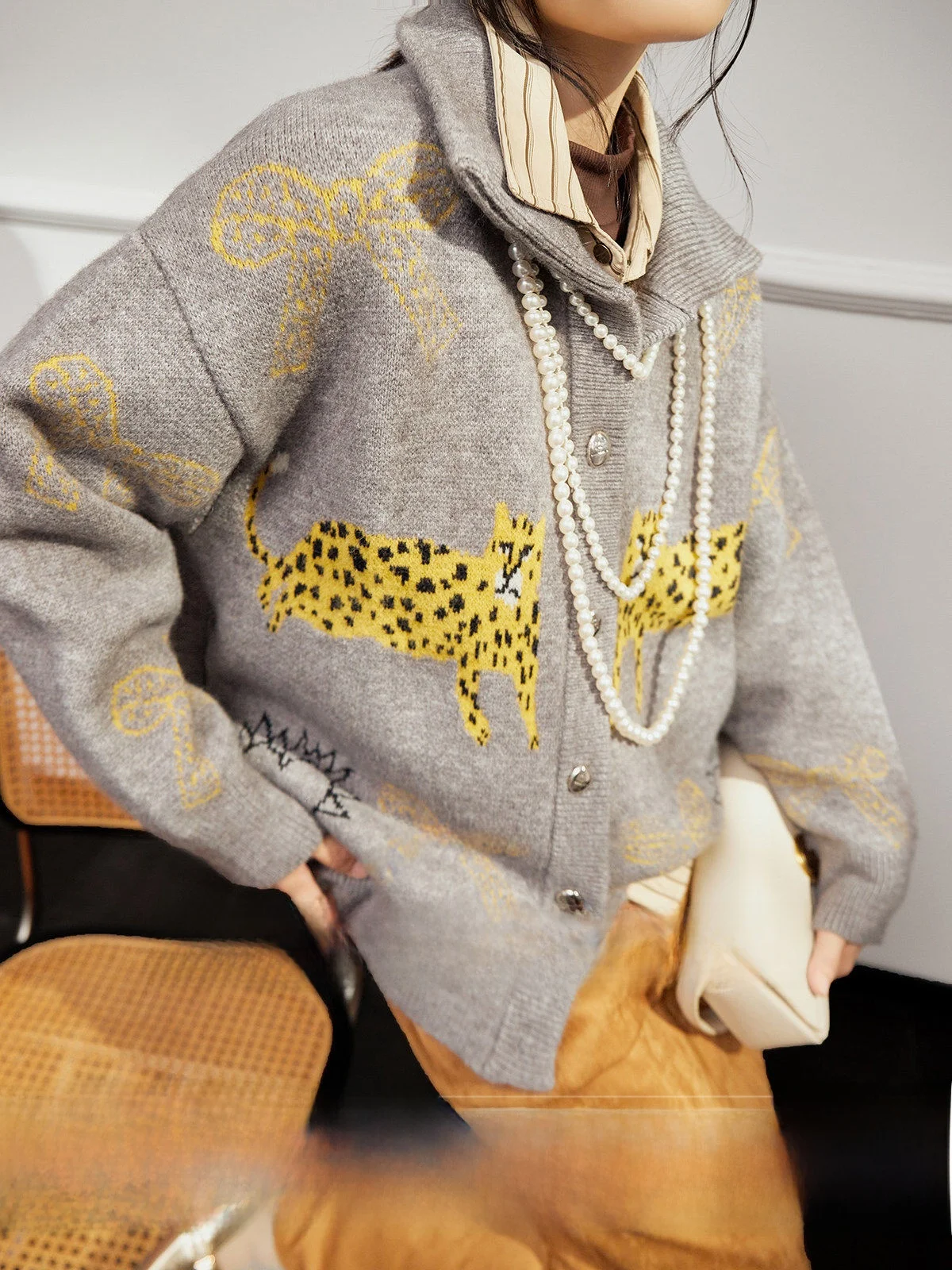 

Autumn Winter Women's Loose Knitted Leopard Print Sweater Uncle Brand Commute Sle Long Sve Warm Coat Jaet