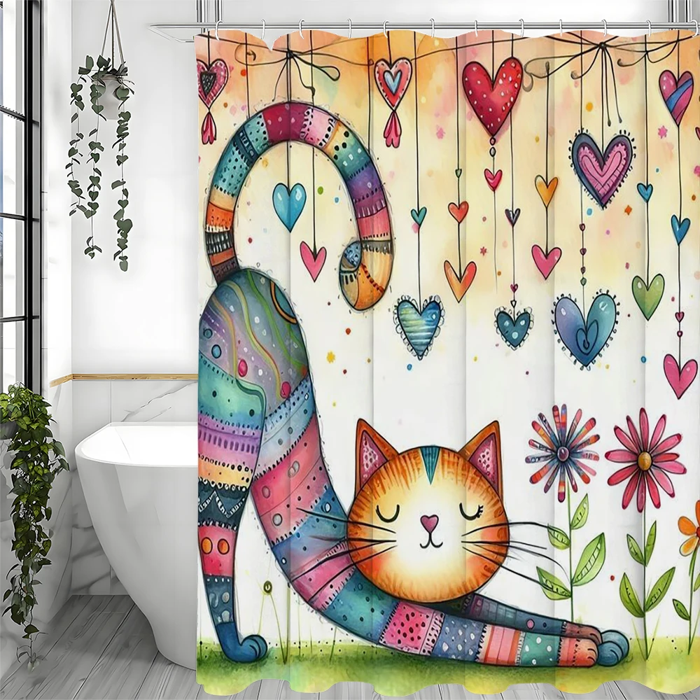 Cute Cat Love Collage Art Shower Curtain, Bathroom Decorative Shower Curtain, Waterproof Shower Curtain with Hooks