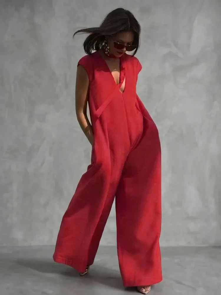 UOOZEE Women's Elegant Party Evening Red Jumpsuit 2026 New Cap Sleeves Deep V-Neck Tie Choker Office Wide Leg Outfits