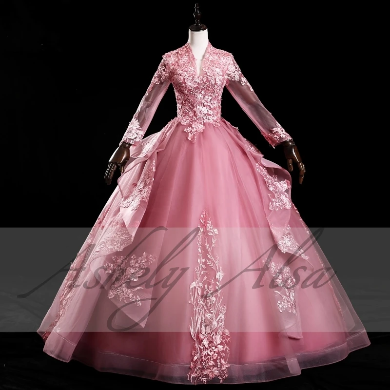 Robe de Rhmexicaine personnalisée à manches longues pour femmes, robe de Rhà col en V, robe de soirée d'anniversaire, Sweet 15 Quinceanera