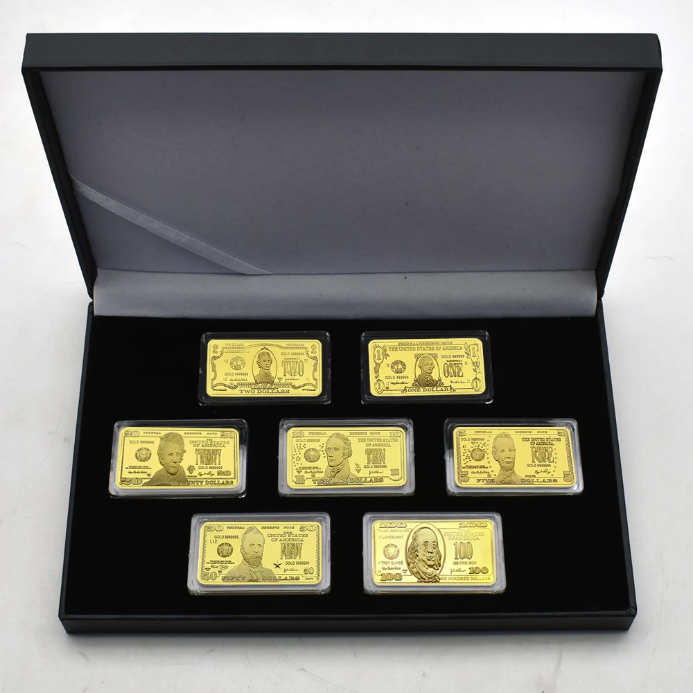 

Gold Plated USD 100 50 20 10 5 2 1 Gold Bar with Box Metal Coin Gold Bar Commemorative Coin Collection Holiday Gift