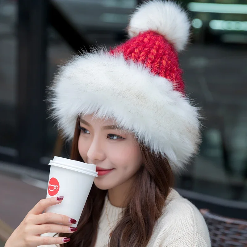 Women Winter Pom Pom Hat Fashion Knitted Beanie Thick Fleece Lined Warm Russian Style Fur Skullies Cap Elegant Cold Weather Hat