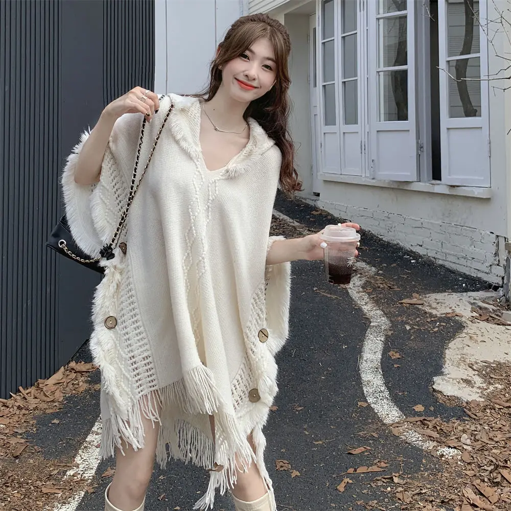 

Women Knitted Cape Solid Color Shawl Wrap Cloak Ethnic Hooded Poncho Bohemian Hoody Jumper Sweater Tassels Tourism Dresses