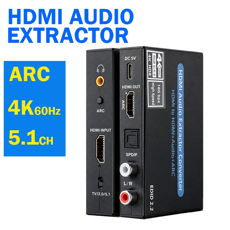 4K@60Hz HDMI Audio Extractor with ARC HDMI to Optical Spdif Toslink 3.5mm Stereo RCA L/R Support HDCP 2.2 DTS 5.1 for TV PS5 PC