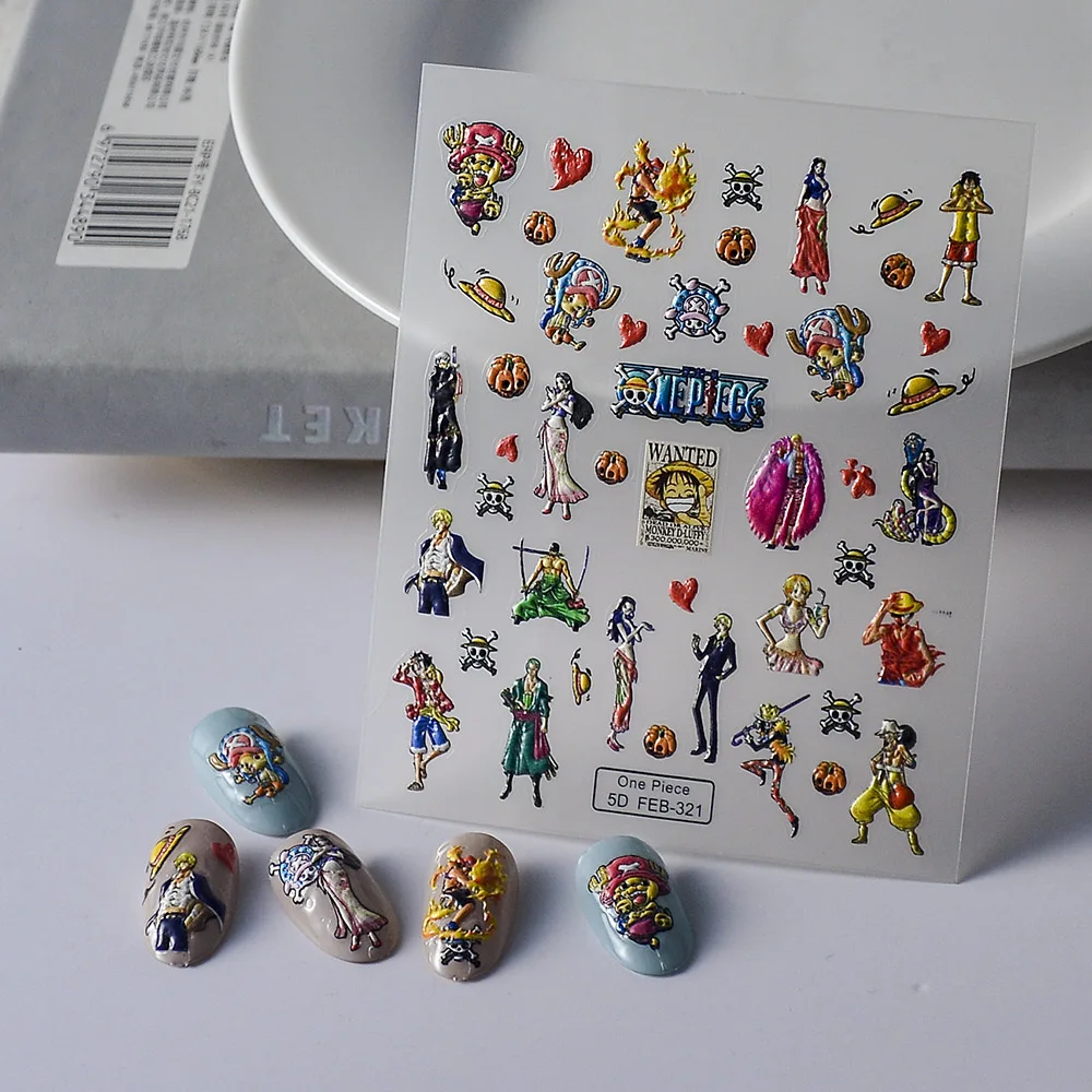 5D Geprägte One Piece Nagelaufkleber Anime-Charaktere Nagelzubehör Strohhut-Team Luffy Zoro Sanji Niedliche Chopper Nagelteile