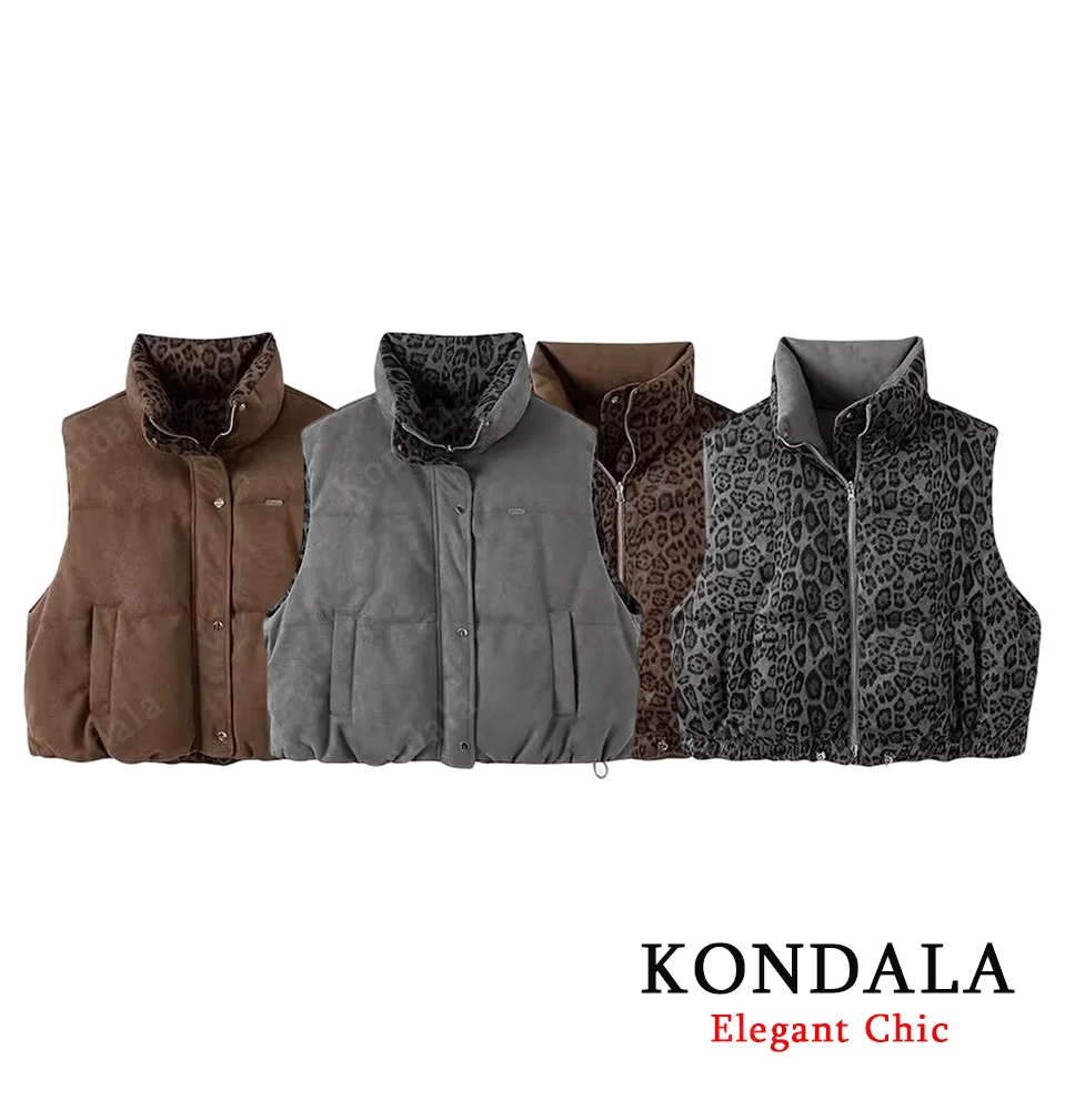 

KONDALA Women Vintage Both Sides Wear Vest Pocket Stand-Collar Vest New 2025 Autumn/Winter Fashion Commuter Casual Mujer Vest
