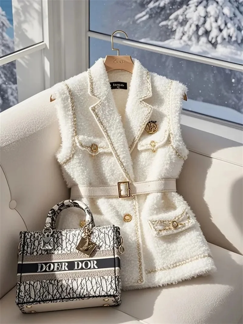 เสื้อแจ็คเก็ตสตรี เสื้อกั๊กสตรี เสื้อกั๊กสตรีฤดูหนาวที่ไม่ซ้ำใครและสวยงาม เสื้อโค้ทขนแกะสีขาวพับได้