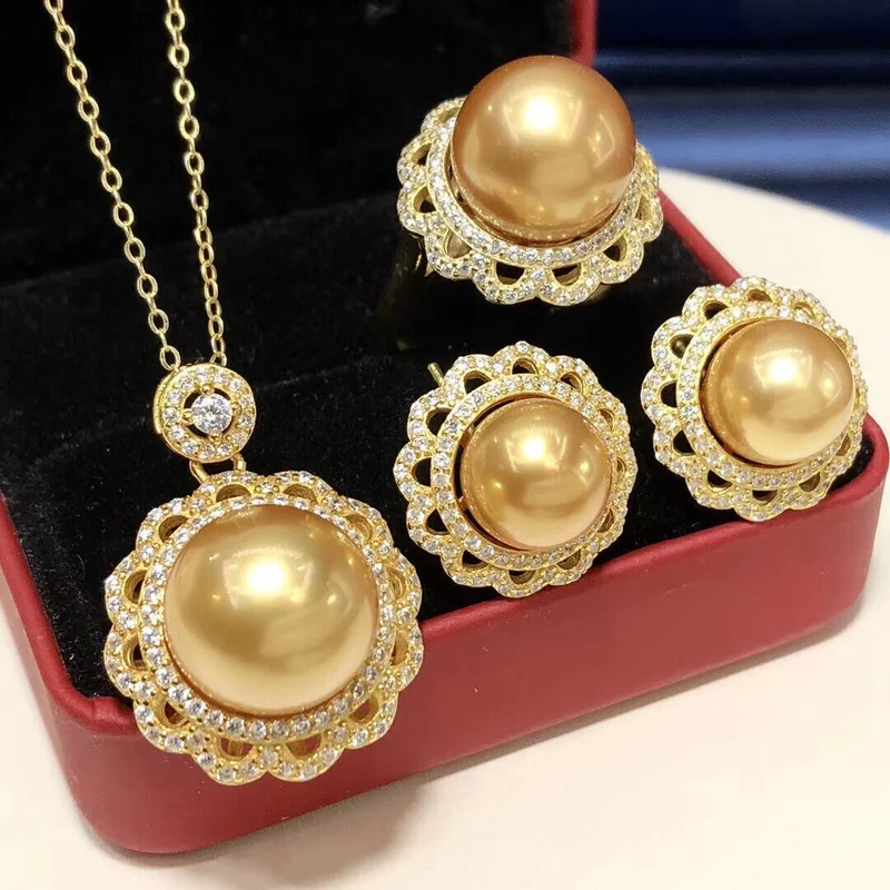 

Gorgeous AAAA 9-10mm south sea Golden stud pearl pendant earring ring set 925S