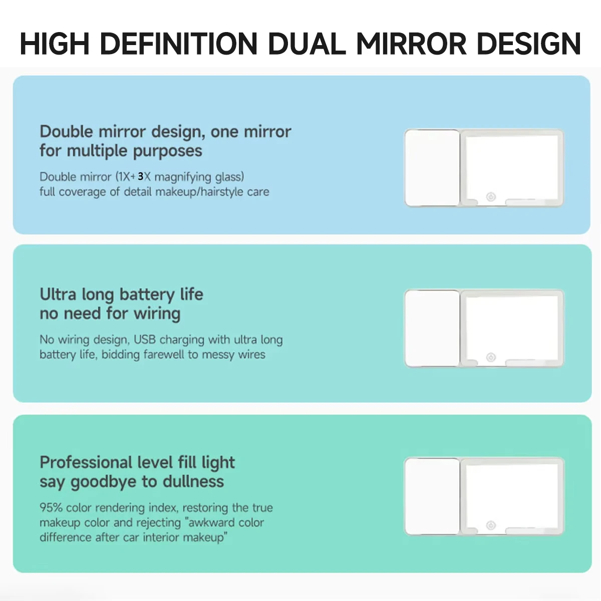 Car LED Makeup Mirror with Magnifying Glass HD Mirror Sun Visor Plate Interior Rear Mirror Dimmable Touchscreen Vanity Mirror view 6