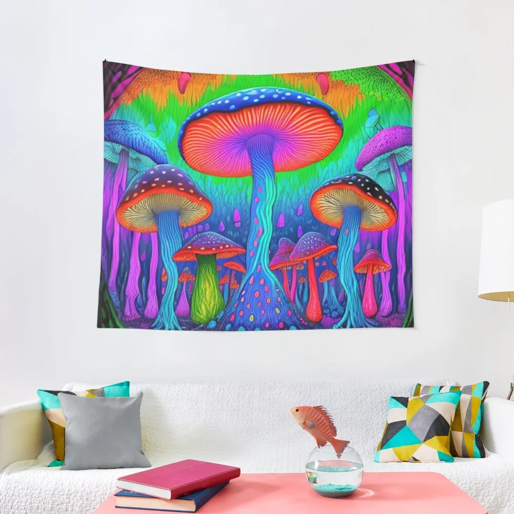 Mystical Mycologist's Dream: Colorful Magic Mushrooms Fantasy Trip Trippy Tapestry Things To The Room Tapestry