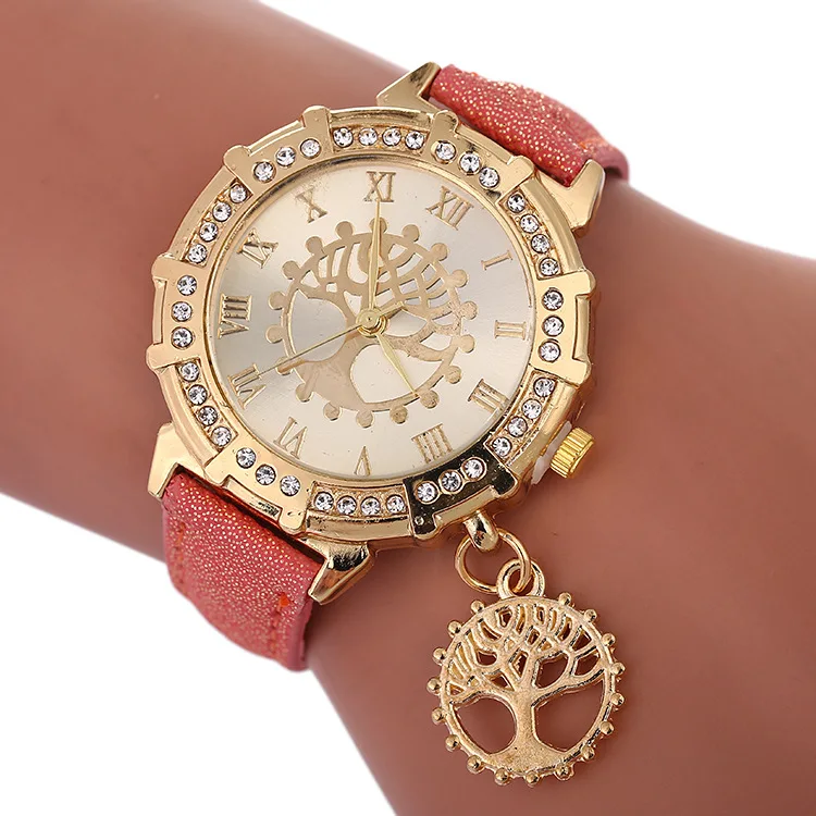 Roman Numeral Diamond Women\'s Watch Luxury Golden Tree of Life Pattern Pendant Quartz Watch 2022 New Fashion Belt Women\'s Watch