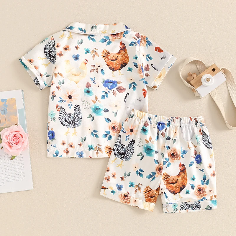 2024-03-23 Lioraitiin 6M-7Y Toddler Baby Boy Summer Clothes Short Sleeve Chicken Floral Print Shirt + Shorts Set Satin Pajamas