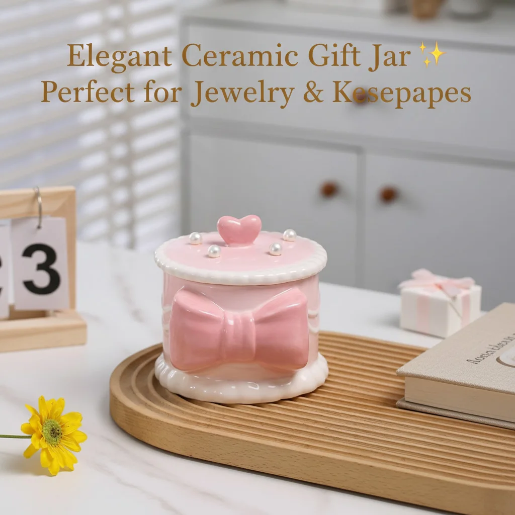 Cute Pink Ceramic Jewelry Box with Bow Kawaii Trinket Jar with Lid Ring Holder Organizer Romantic Gift for Girls Home Decor