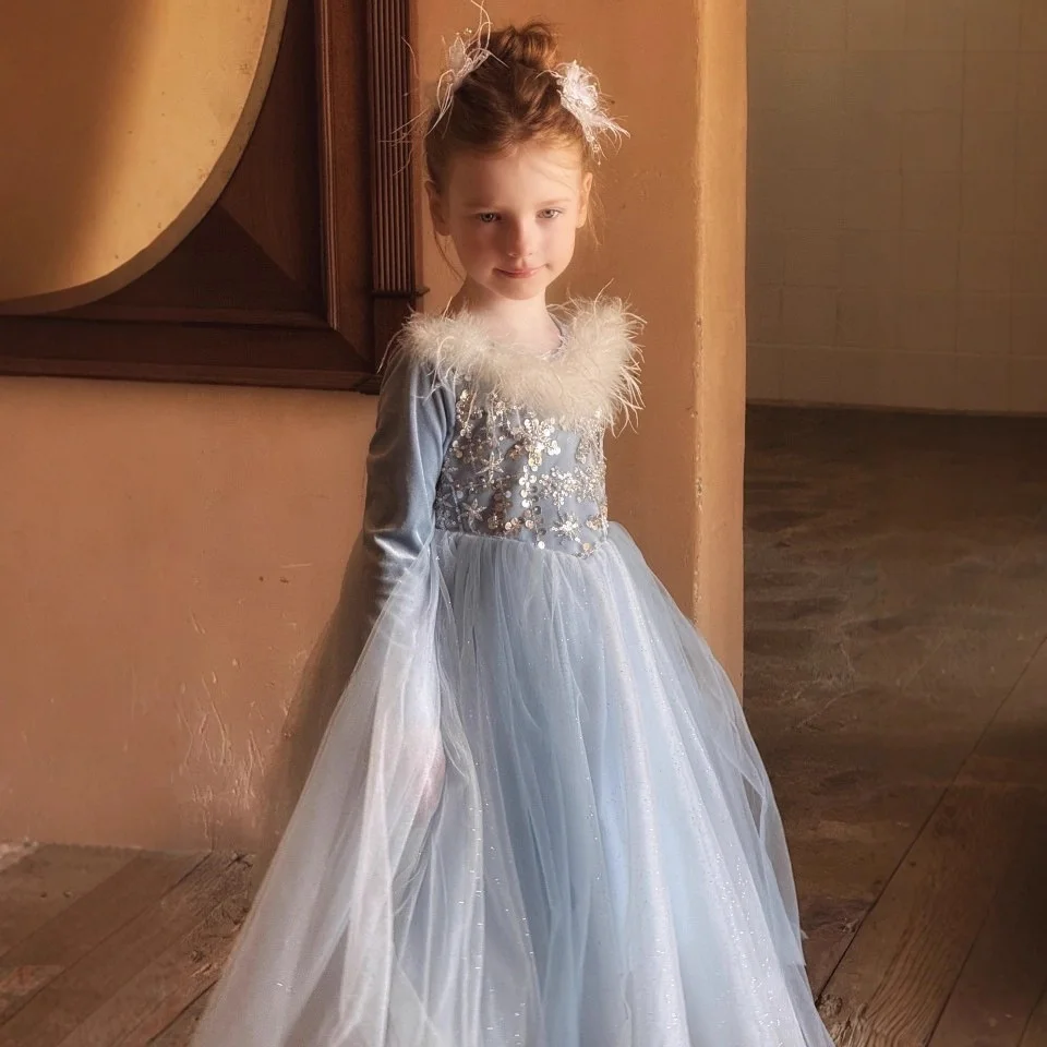 

Синее тюлевое платье принцессы для девочек на заказ JDY, вырез с перьями и лиф с пайетками, платье с цветочным узором для вечеринки