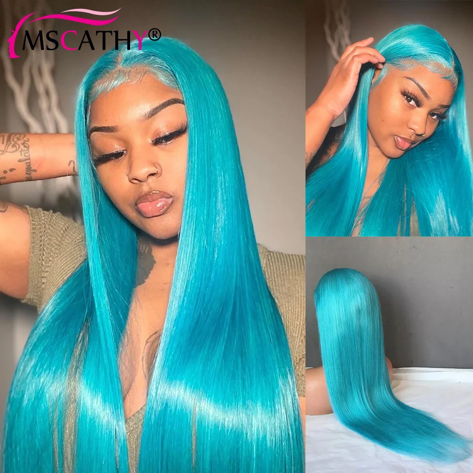 Mint Light Blue Colored Lace Frontal Wigs For Women 13x6 Straight Blue Brazilian Human Hair Wigs 13x4 Transparent Lace Front Wig