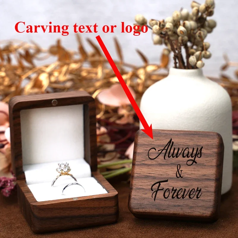 

Personalized Engraved Black Walnut Wood Wedding Ring Box with Custom Logo and Text Holiday Gifts