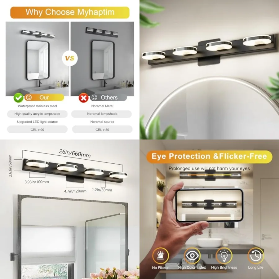 Modern LED 4 Lights Vanity Light for Bathroom Modern Vanity Light Fixture Wall Sconce 26 Inch Natural White Light Black